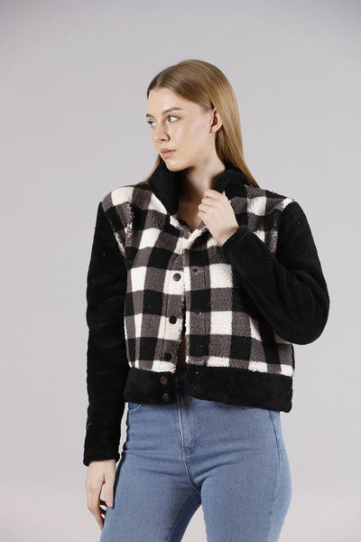 Wholesale Fleece Snap-Button Jacket - Black Checker