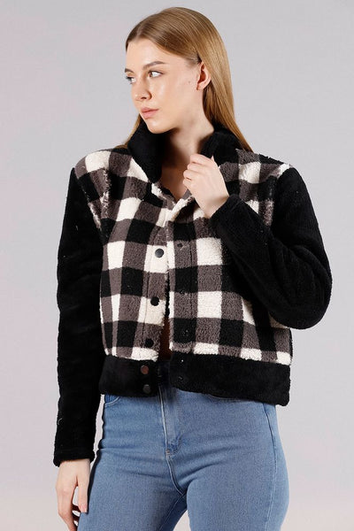 Wholesale Fleece Snap-Button Jacket - Black Checker
