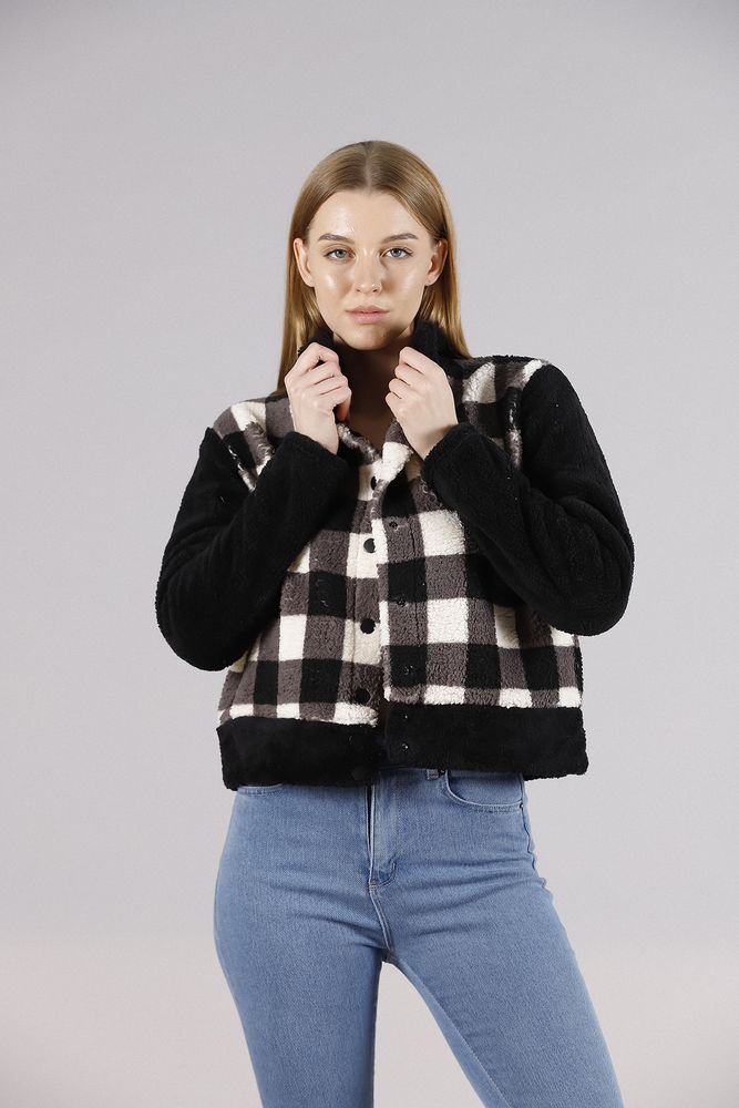 Wholesale Fleece Snap-Button Jacket - Black Checker
