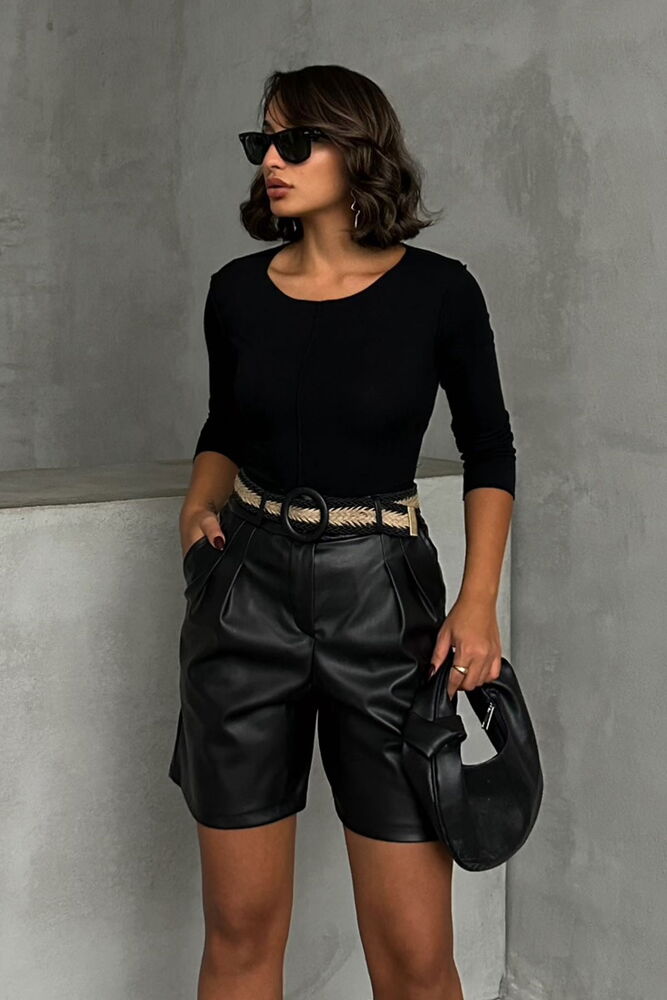 Pantaloni scurți din piele cu curea, en-gros - Negri
