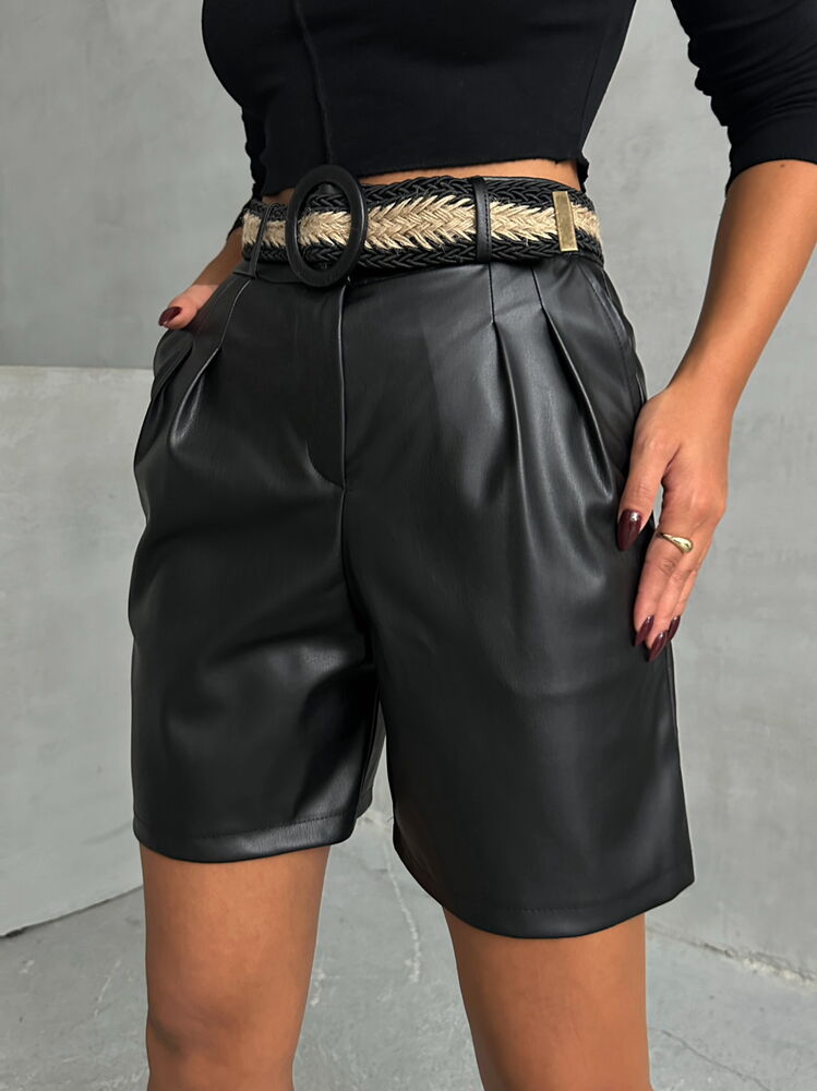 Pantaloni scurți din piele cu curea, en-gros - Negri