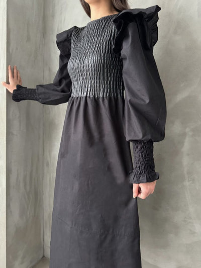 Rochie neagră Topshow cu mânecă din piele, en-gros, fustă din poplin, en-gros | F0843