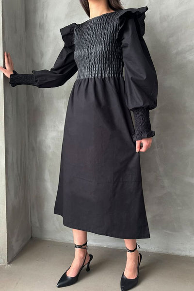 Rochie neagră Topshow cu mânecă din piele, en-gros, fustă din poplin, en-gros | F0843