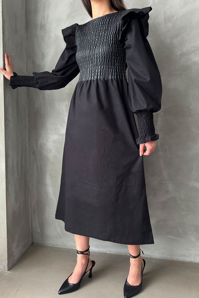 Rochie neagră Topshow cu mânecă din piele, en-gros, fustă din poplin, en-gros | F0843