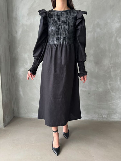 Rochie neagră Topshow cu mânecă din piele, en-gros, fustă din poplin, en-gros | F0843