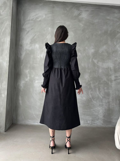 Rochie neagră Topshow cu mânecă din piele, en-gros, fustă din poplin, en-gros | F0843