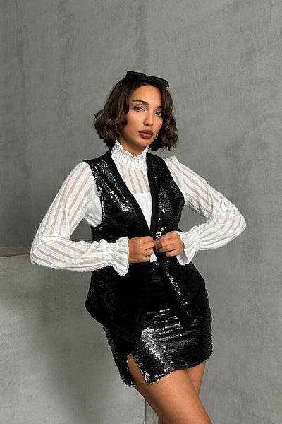 Wholesale Sequin Vest - Black Silver