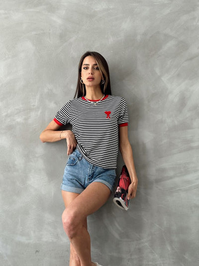 Topshow Black Red Embroidered Striped Wholesale T-Shirt