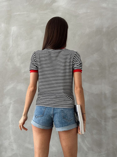 Topshow Black Red Embroidered Striped Wholesale T-Shirt