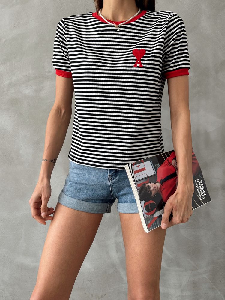 Topshow Black Red Embroidered Striped Wholesale T-Shirt