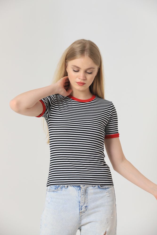 Topshow Siyah Kırmızı Çizgili Toptan T-Shirt