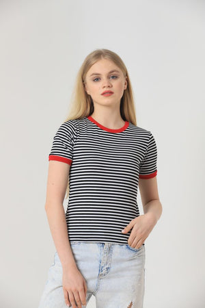 Topshow Siyah Kırmızı Çizgili Toptan T-Shirt