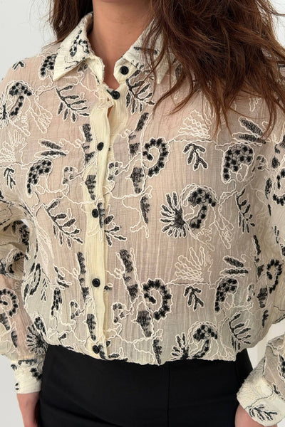 Siyah Nakışlı Oversize Gömlek