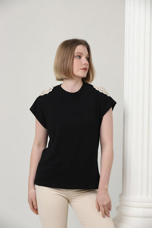 Topshow Siyah Omuzu Dantelli Toptan T-Shirt