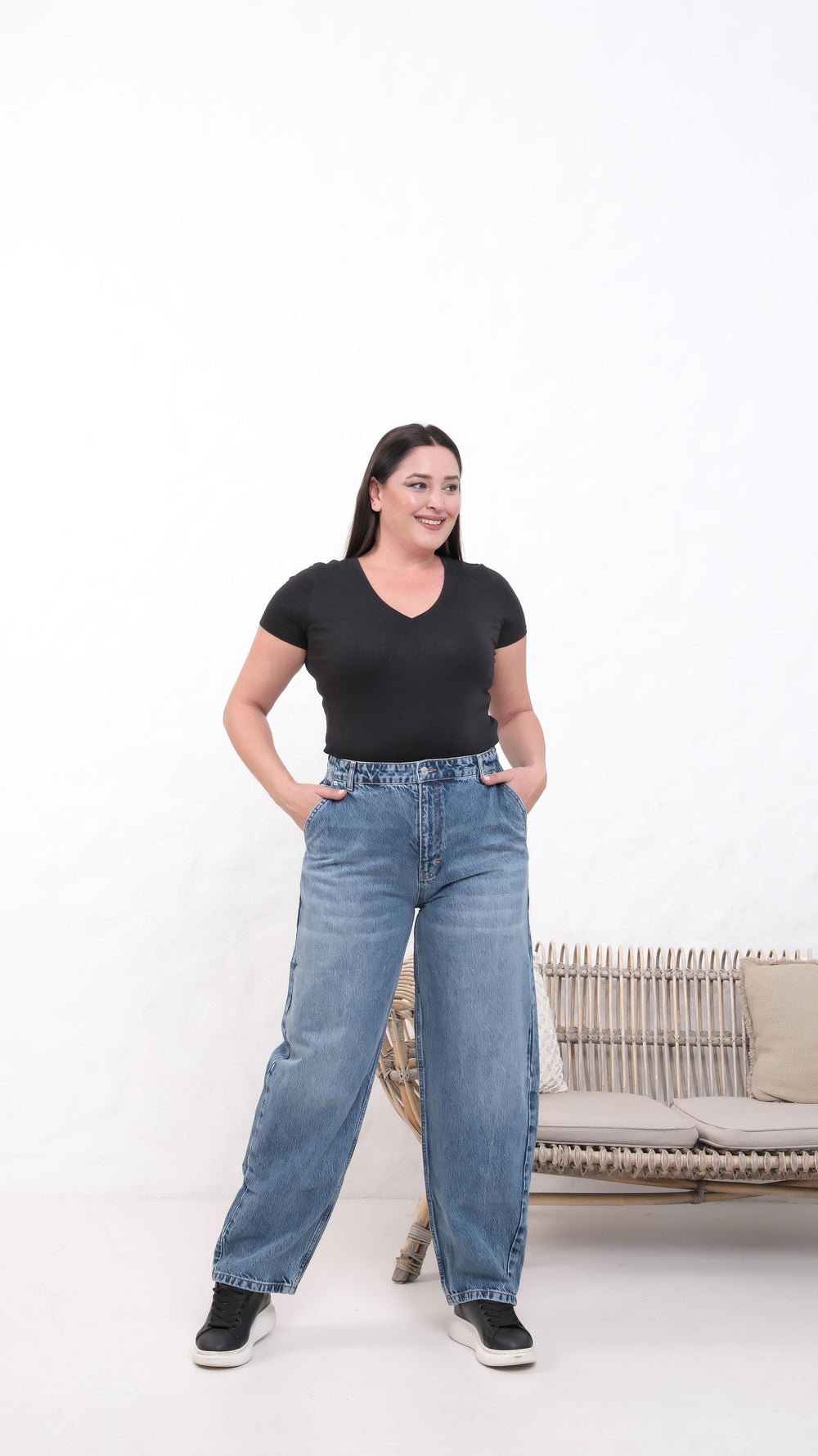 Yüksek Bel Battal Kesim Dark Blue Jean Pantolon