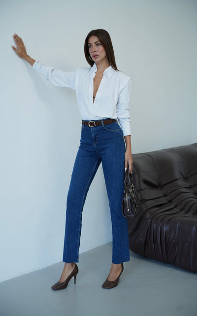 Yüksek Bel Paça Kesik Kemer Detaylı Kadın Dark Blue Jean Pantolon