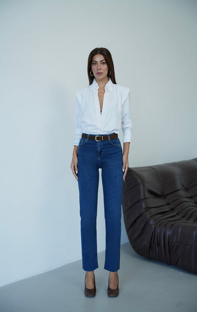 Yüksek Bel Paça Kesik Kemer Detaylı Kadın Dark Blue Jean Pantolon