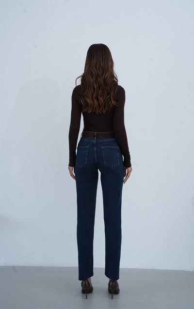 Yüksek Bel Paça Kesik Kemer Detaylı Kadın Dark Blue Tint Jean Pantolon