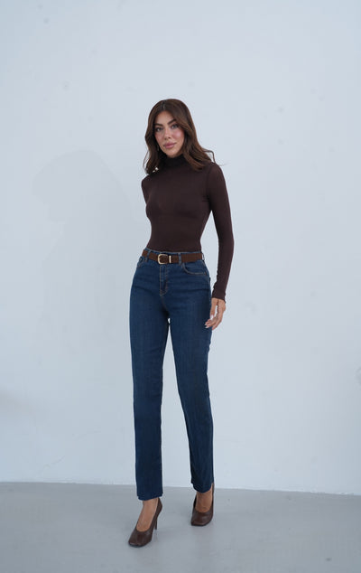 Blugi de damă conici, talie înaltă, tăieturi la gleznă, cu curea, denim închis la culoare