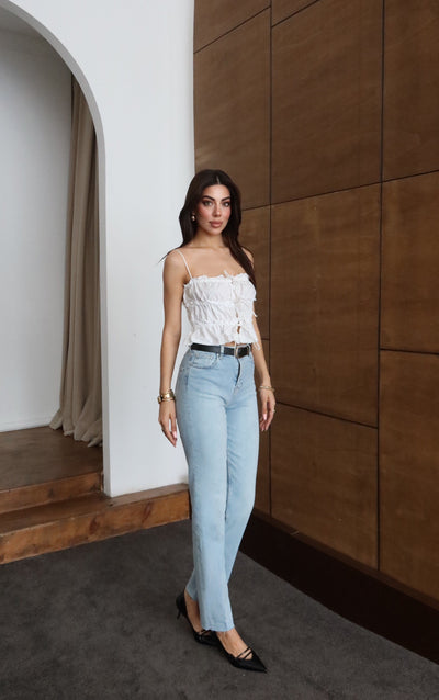 Pantaloni Jean Light Blue cu Talie Înaltă, Crac Tăiat și Curea
