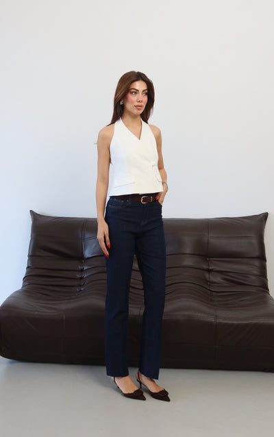 Pantaloni Jean Rinse cu Talie Înaltă, Crac Tăiat și Curea