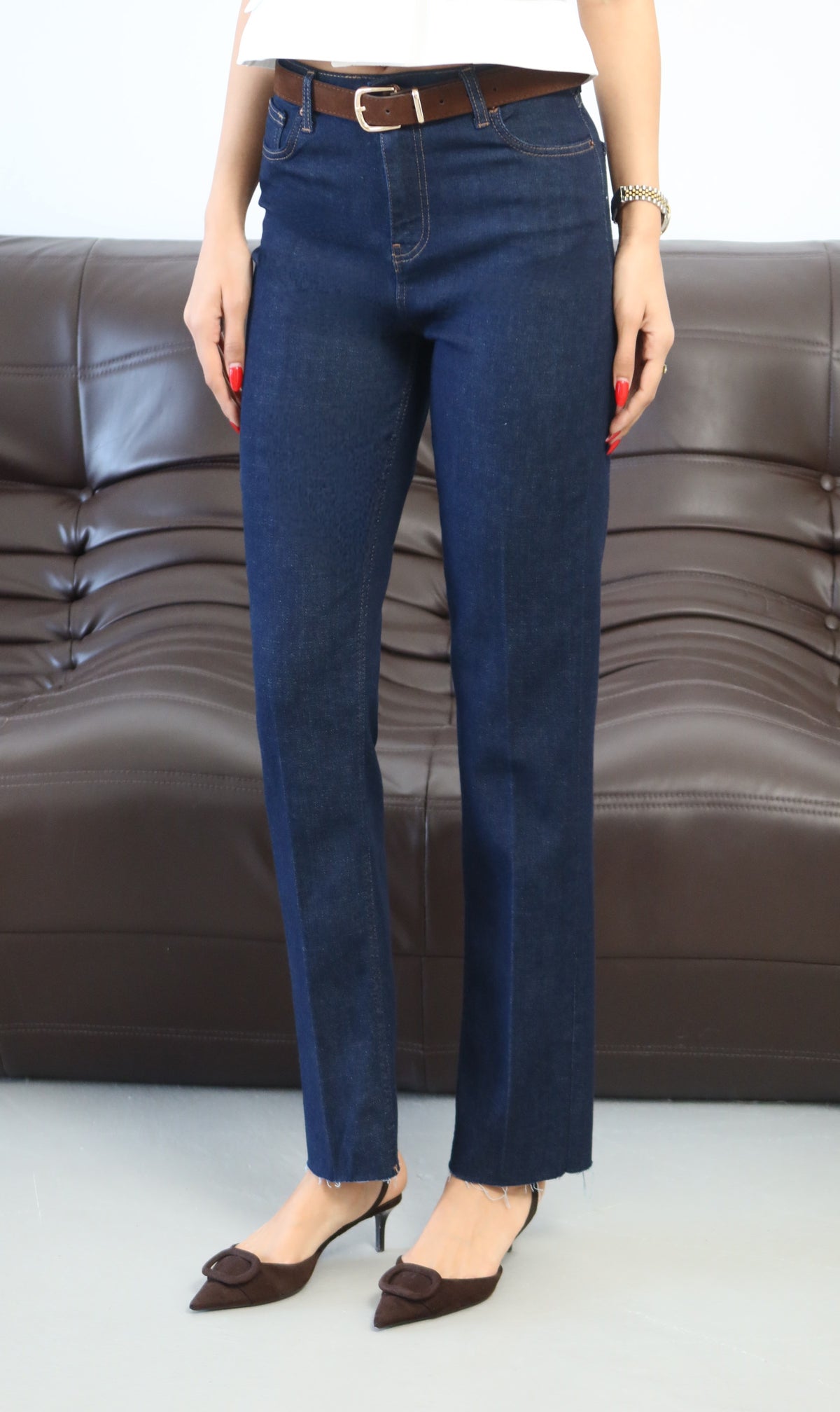Pantaloni Jean Rinse cu Talie Înaltă, Crac Tăiat și Curea