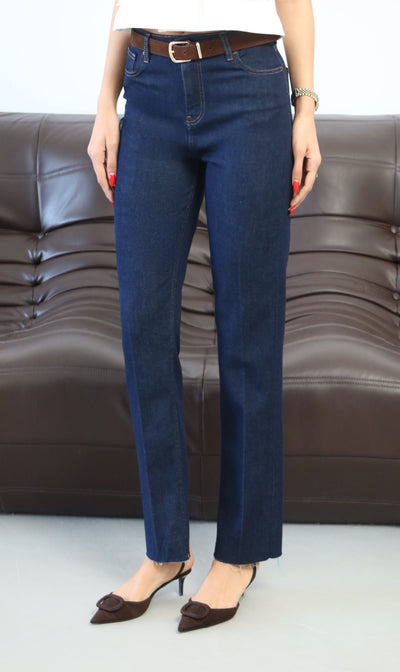 Pantaloni Jean Rinse cu Talie Înaltă, Crac Tăiat și Curea