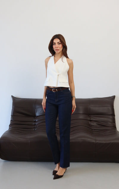 Pantaloni Jean Rinse cu Talie Înaltă, Crac Tăiat și Curea