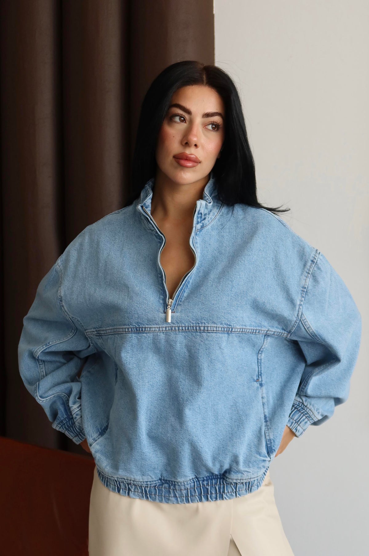 Unisex Blue Sweatshirt with Collar Zipper Detail