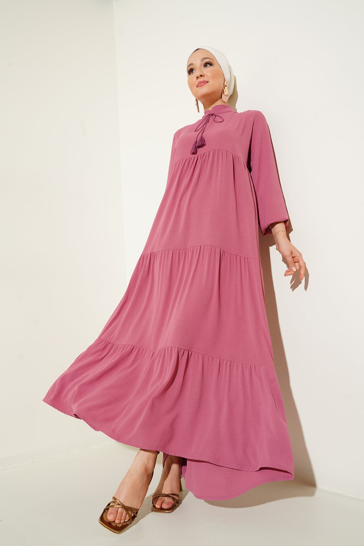 T1627 Yaka Bağcıklı Elbise - A. Pembe