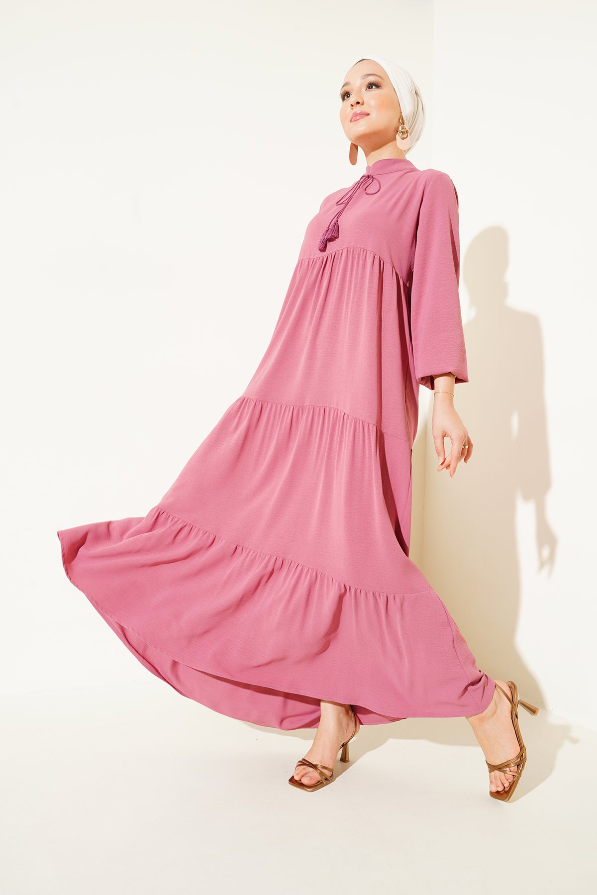 T1627 Yaka Bağcıklı Elbise - A. Pembe