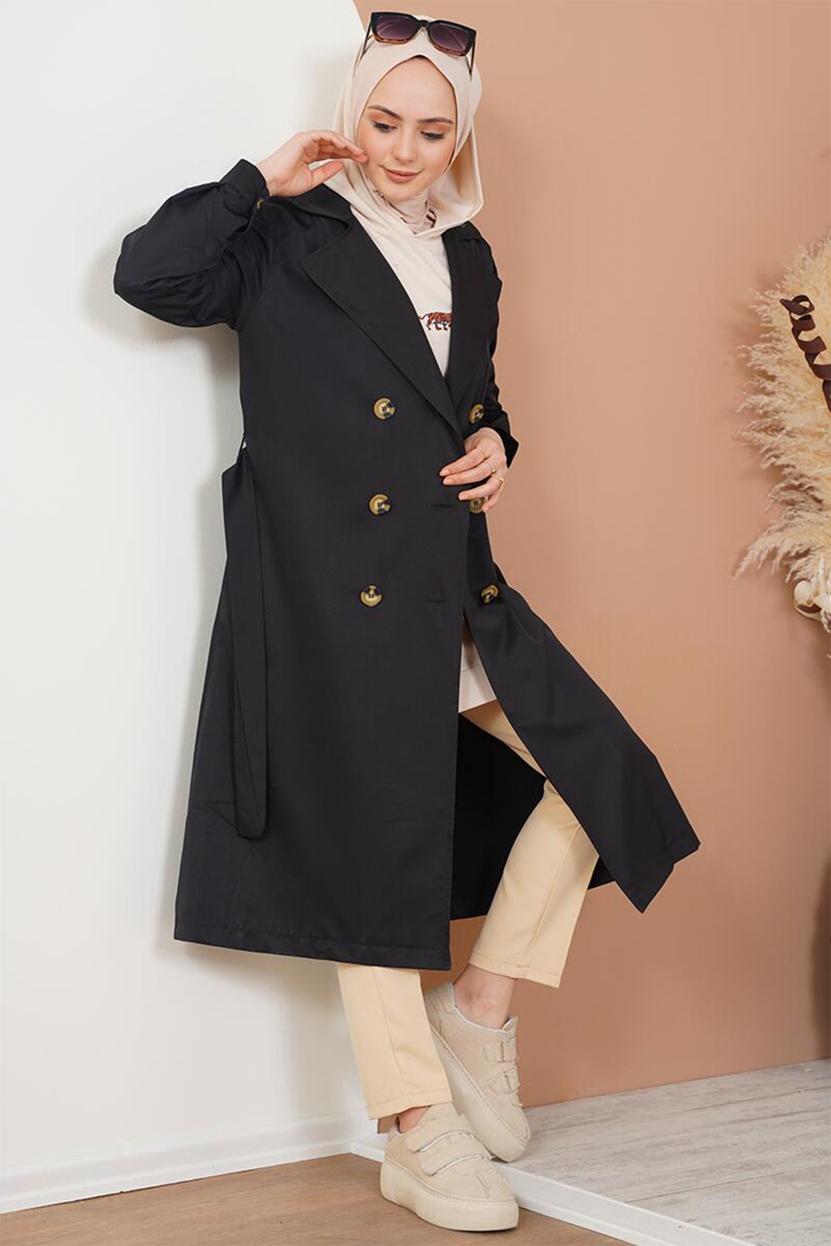 Trench Hijab cu două rânduri de nasturi T5853 - Negru