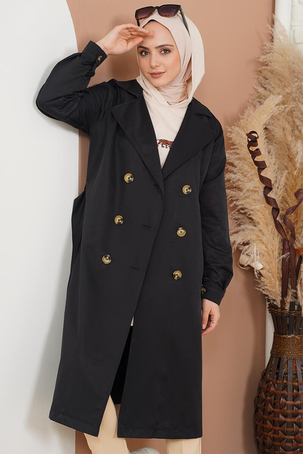 Trench Hijab cu două rânduri de nasturi T5853 - Negru