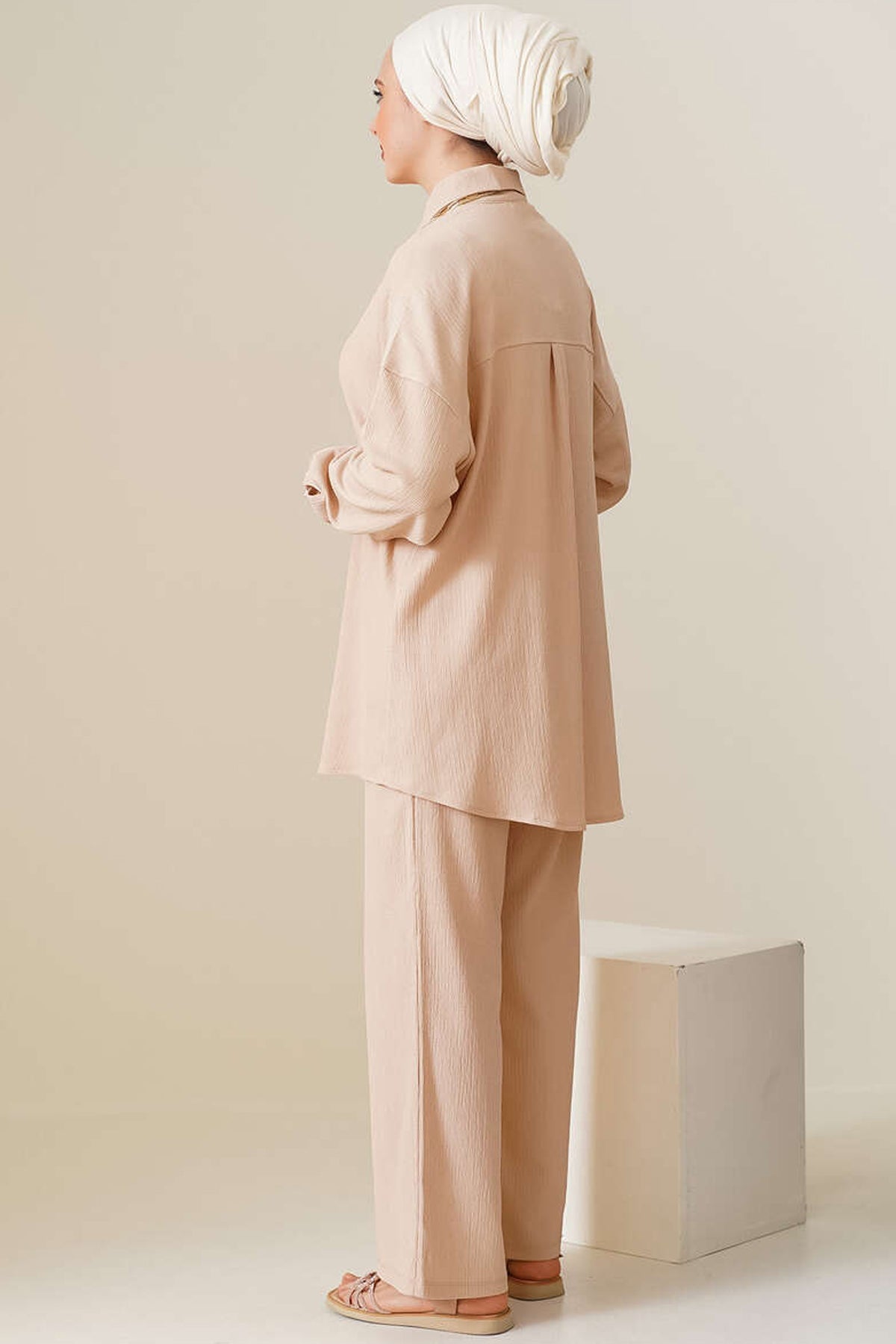 Set Hijab Tricotat T5858, din Două Piese - Biscuit