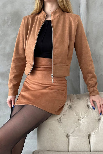 Suede Crop Top Jacket - Tan