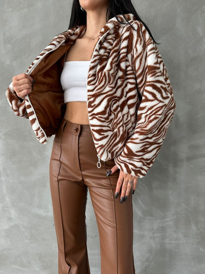 Leopar Bskılı Pejuş Toptan Mont - Taba Zebra