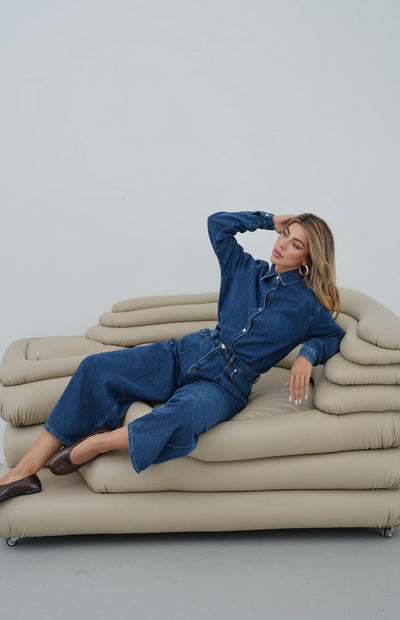 Balon Kalıp Pantolon 5 Düğmeli Gömlek Dark Blue Jean Takım