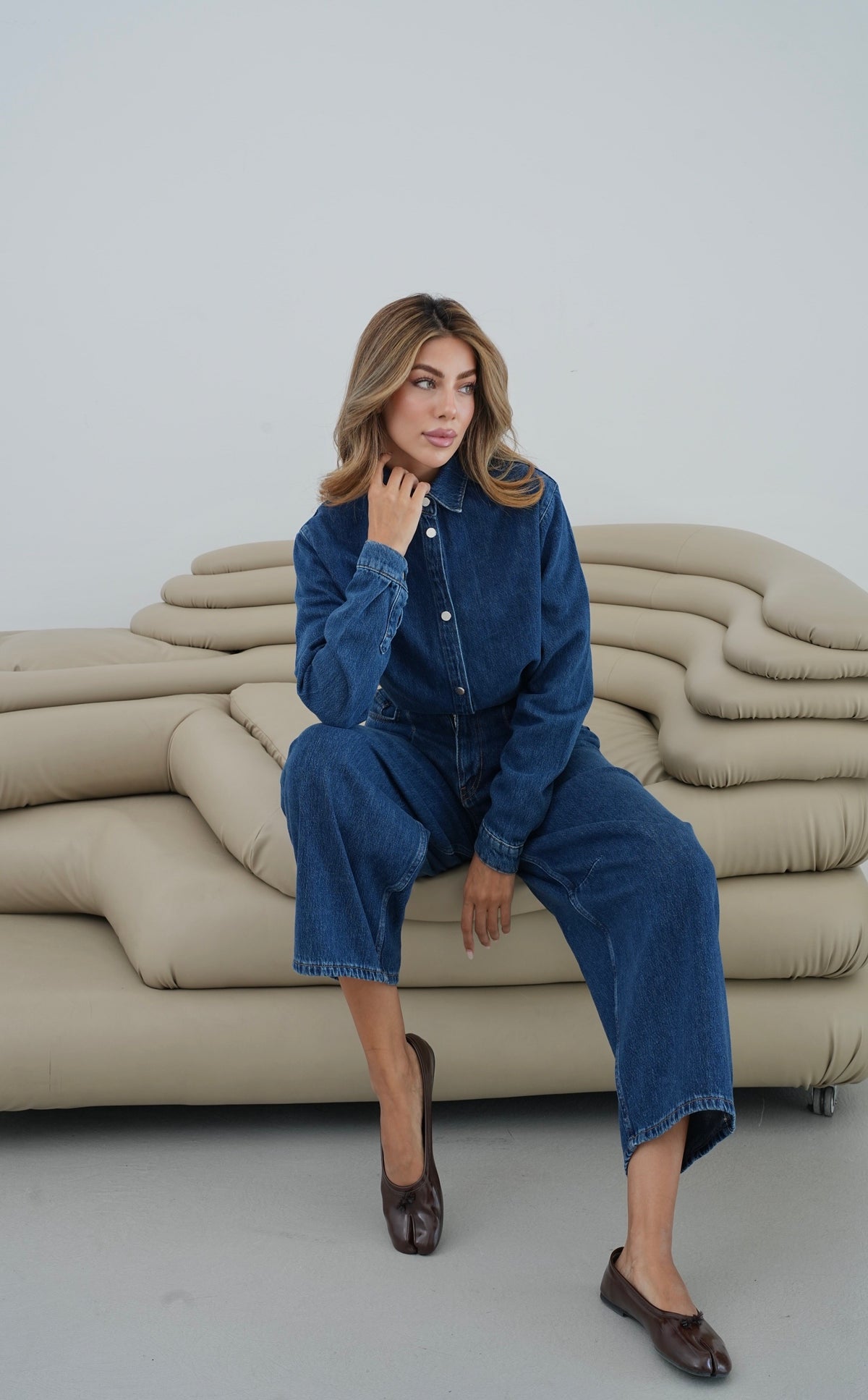Balon Kalıp Pantolon 5 Düğmeli Gömlek Dark Blue Jean Takım