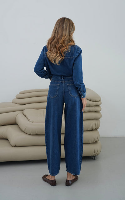 Balon Kalıp Pantolon 5 Düğmeli Gömlek Dark Blue Jean Takım