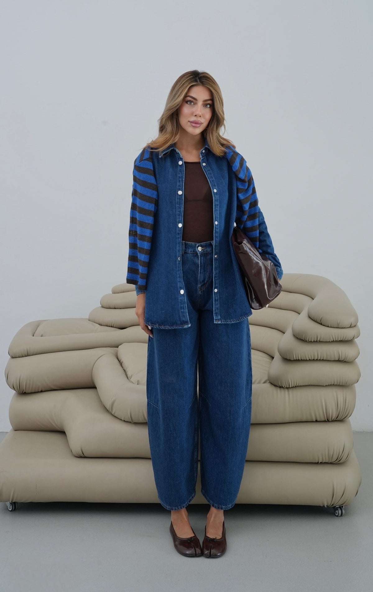 Balon Kalıp Pantolon 5 Düğmeli Gömlek Dark Blue Jean Takım