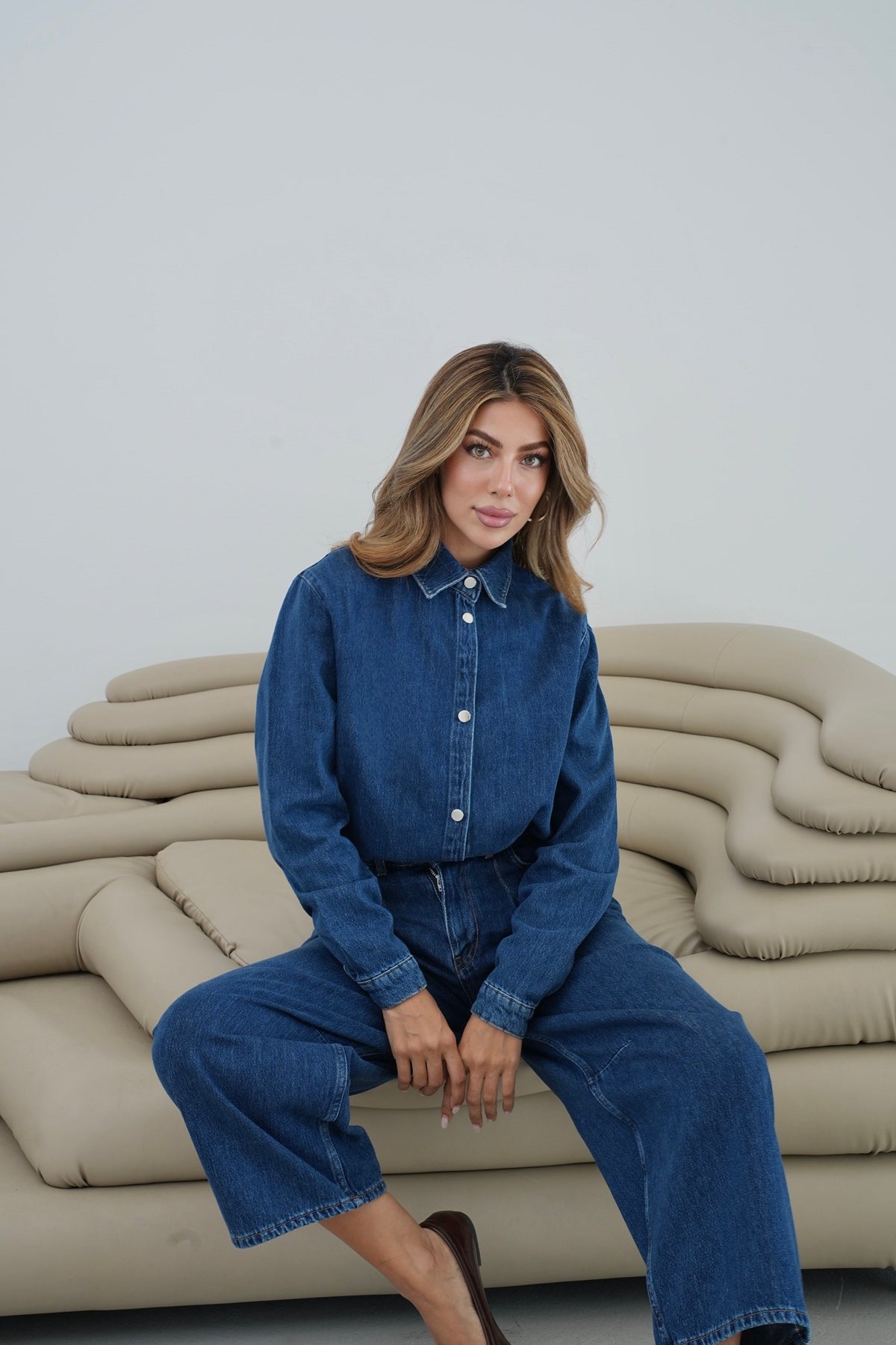 Balon Kalıp Pantolon 5 Düğmeli Gömlek Dark Blue Jean Takım
