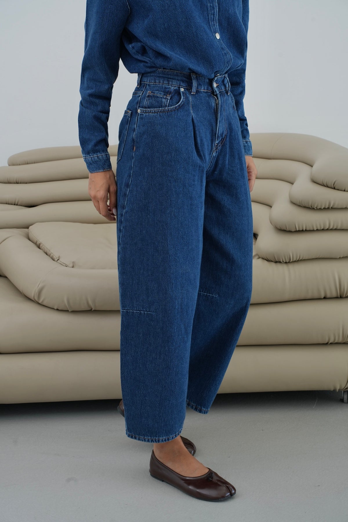 Balon Kalıp Pantolon 5 Düğmeli Gömlek Dark Blue Jean Takım