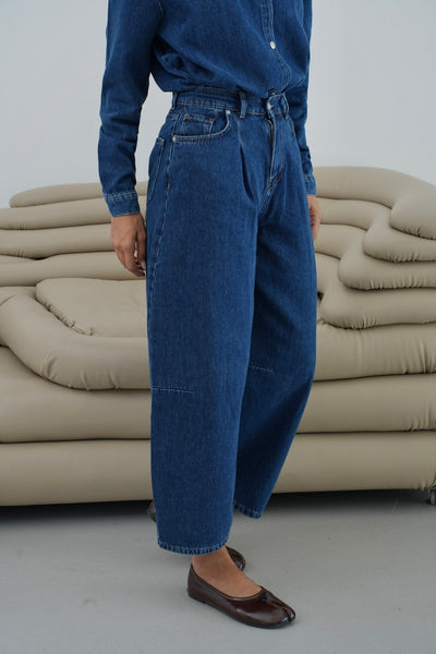 Balon Kalıp Pantolon 5 Düğmeli Gömlek Dark Blue Jean Takım