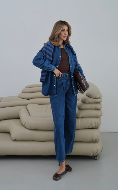 Balon Kalıp Pantolon 5 Düğmeli Gömlek Dark Blue Jean Takım