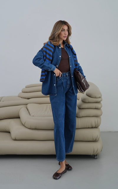 Balon Kalıp Pantolon 5 Düğmeli Gömlek Dark Blue Jean Takım