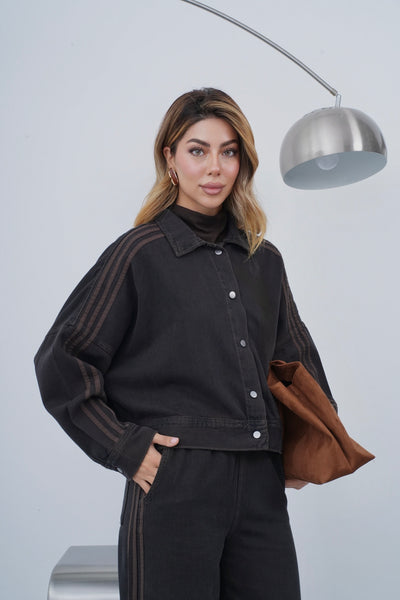 Yanlar Kahve Şerit Detaylı Wide Leg Kalıp Bel Lastikli Pantolon Gömlek Görünüm Ceket Dark Kahve Jean Takım