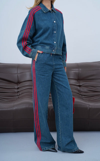 Yanlar Kırmızı Şerit Detaylı Wide Leg Kalıp Bel Lastikli Pantolon Gömlek Görünüm Ceket Dark Blue Tint Jean Takım