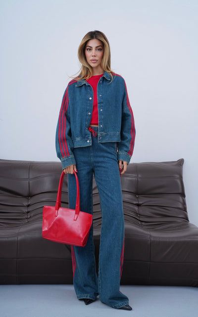 Yanlar Kırmızı Şerit Detaylı Wide Leg Kalıp Bel Lastikli Pantolon Gömlek Görünüm Ceket Dark Blue Tint Jean Takım