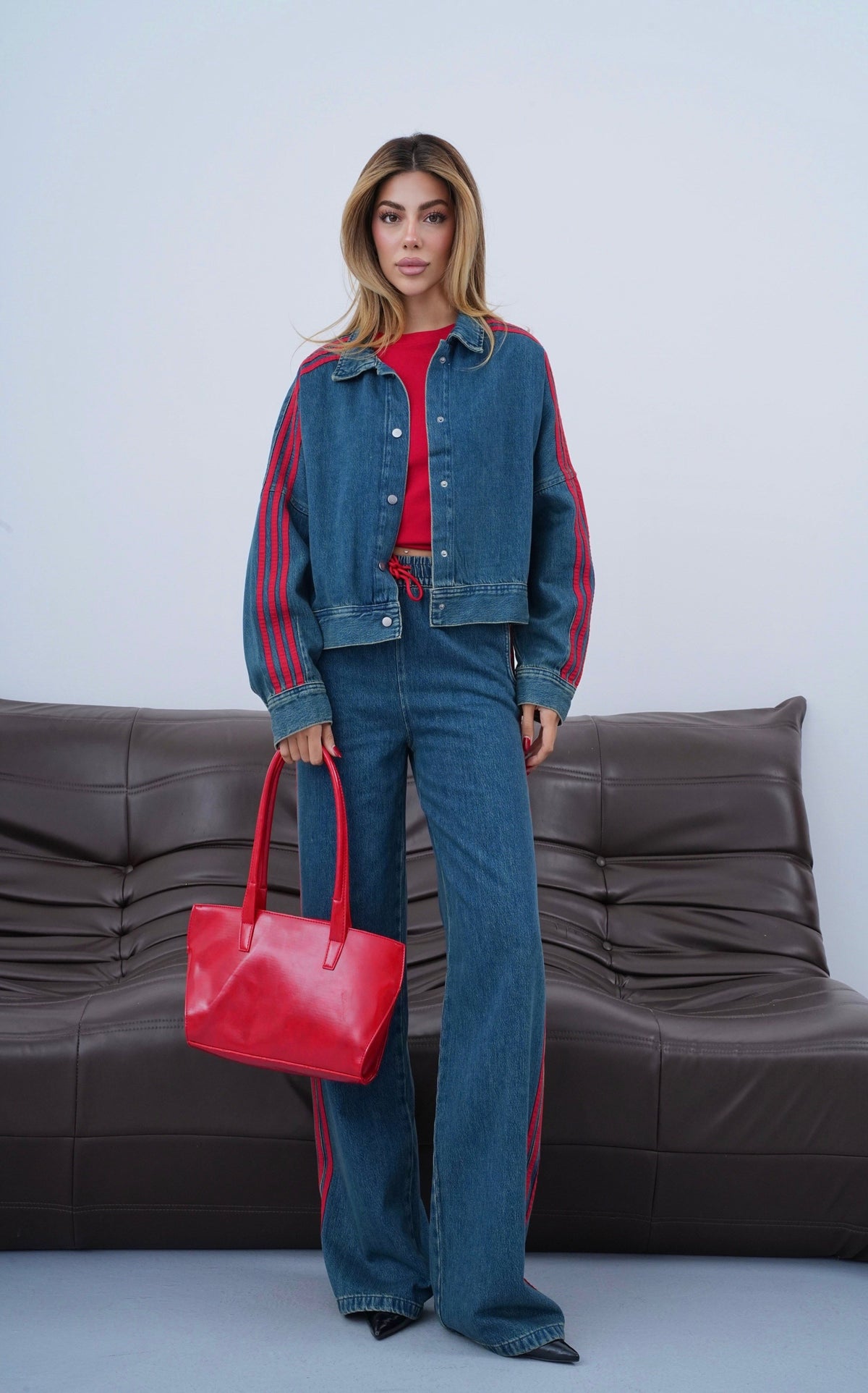 Yanlar Kırmızı Şerit Detaylı Wide Leg Kalıp Bel Lastikli Pantolon Gömlek Görünüm Ceket Dark Blue Tint Jean Takım