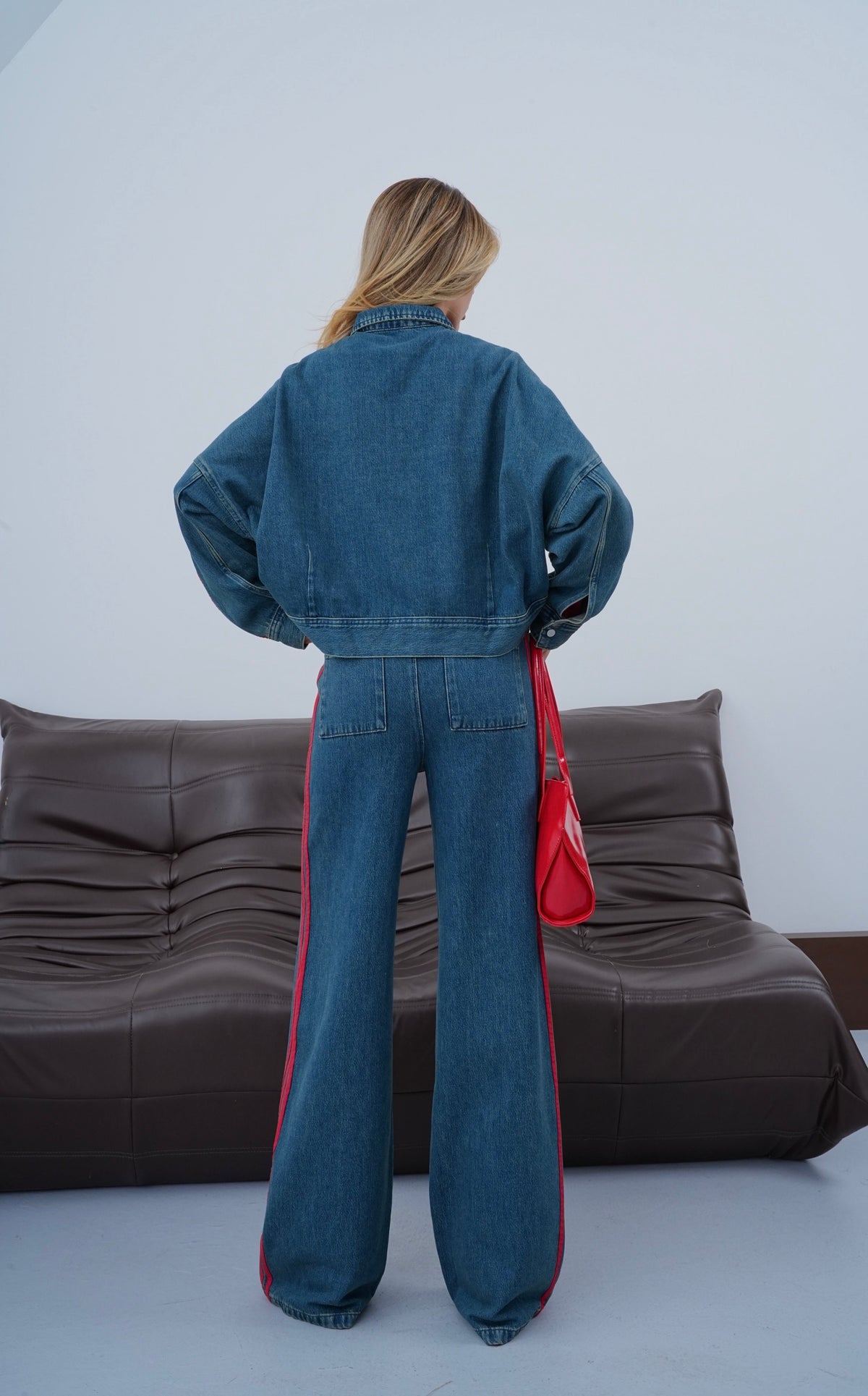Yanlar Kırmızı Şerit Detaylı Wide Leg Kalıp Bel Lastikli Pantolon Gömlek Görünüm Ceket Dark Blue Tint Jean Takım